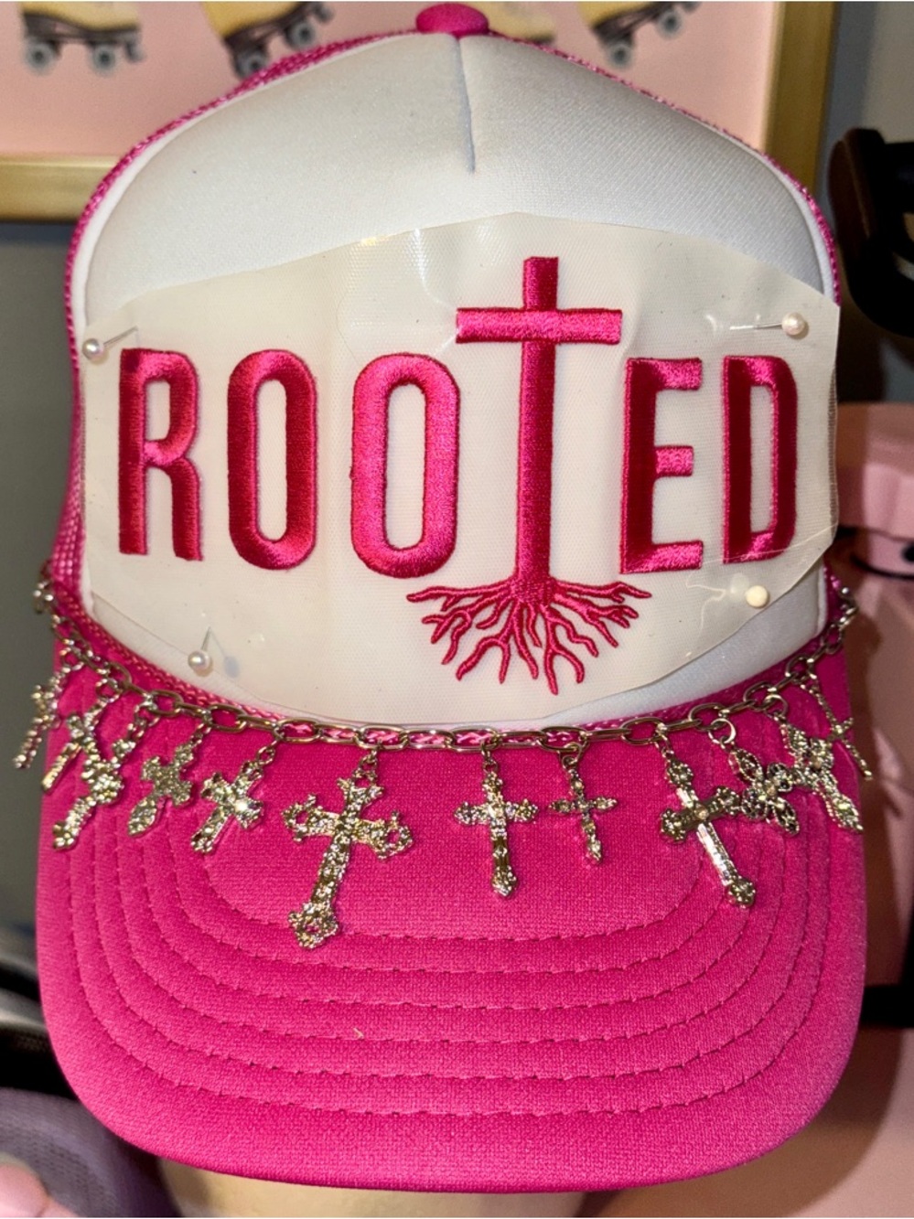 Pink 'ROOTED' Puffy Patch Trucker Hat with AMAZING CROSS Hat Chain